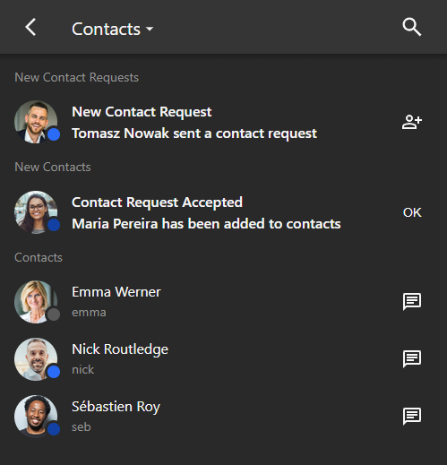 A screenshot of GothClient's Contacts list