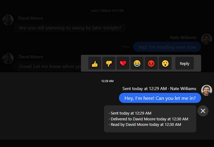 A screenshot of a message with read and delivery receipts in GothClient